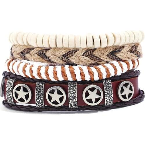Punk Rock Leather Charm Bracelets Fashion Alloy Stars Beads Braided Vintage Multi Wristbands Bangles Retro Handmade Mens Jewelry