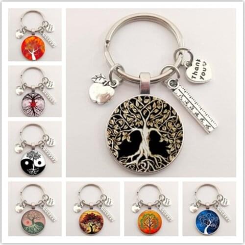 1 piece thank you teacher keychain tree of life glass charm keychain Thanksgiving teacher school party gift souvenir keychain