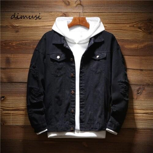 DIMUSI Mens Denim Jacket Trendy Fashion Hip Hop Streetwer Ripped Denim Jacket Mens Jeans Jacket Male Cowboy Coats Clothing 3XL