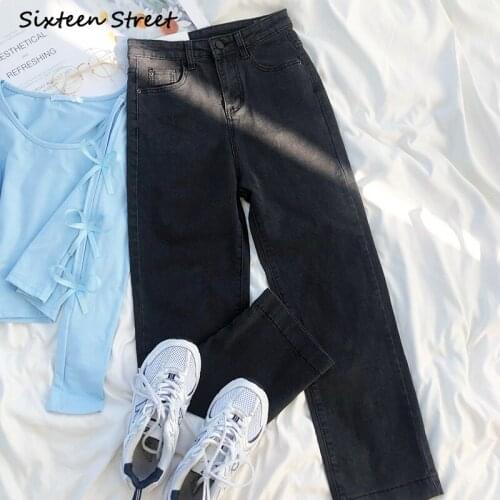 Woman Jeans Simple Washed Black Basic High Waisted Slim Straight Casual Denim Trousers Boyfriend Y2K Aesthetic Fashion Ladies