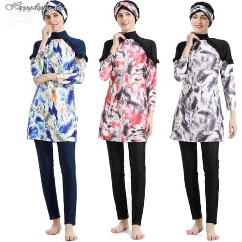 Elegant 3PCS Floral Printed Burkinis Sets for Women Full Cover Swimsuit Beachwear Hijab Cap Muslim Costumes Jewish Swimwear