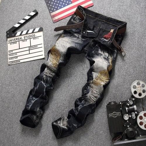 2021 Spring Mens Ripped Embroidered Stretch Jeans Trendy Holes Straight Denim Trouers Personalized Embroidered Wing