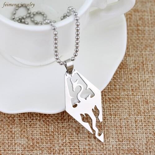 New Trendy Skyrim Dragon Pendant Stainless Steel Necklace TES Dragon Logo Game Fantasy Amulet Elder Scrolls Pendant Tag Chain