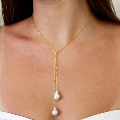 Real 14K Gold Filled Y Necklace Natural Baroque Pearl Necklace Gold Choker Handmade Pendants Collier Femme Kolye Collares