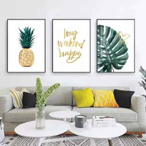 Modern Small Fresh Green Plant Mural Golden Pineapple English Alphabet Green Leaf Living Room Decoration Painting