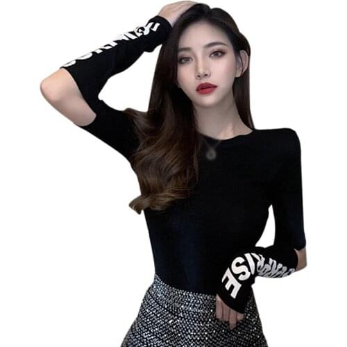 Spring Autumn Korean Style Retro Fashion Slim Thin Letter Print Round Neck Design Long Sleeve Top T-Shirt