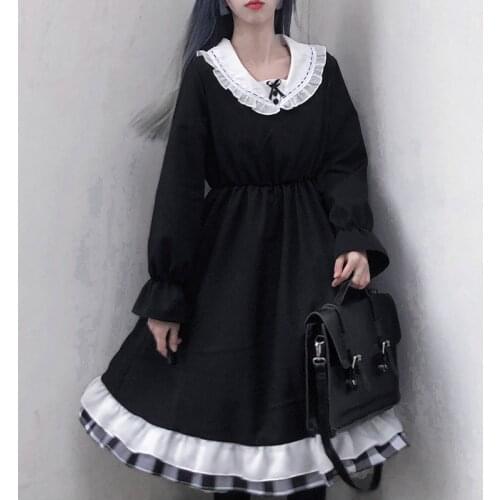 Japanese Kawaii black Women Dress Spring Summer V-Neck High Waist Slimming Sweet Lolita Dress Kawaii Ladies Dresses Vestido