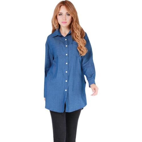 New Fashion Casual Long Sleeve Loose Shirt Women Denim Blouse With Pockets Buttons Blue Jeans Shirts Female High Quality