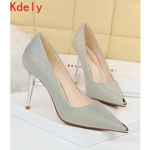 2021 Luxury Women Bling Crystal Rose Gold Pumps 9cm Pencil High Heels Pumps Designer Peach Sequin Pumps Party Cinderella Shoes