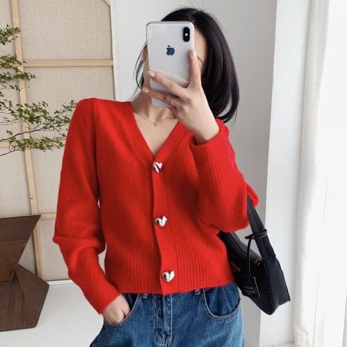 Women Sweater Heart Button Wool Cardigan Short Long Sleeve Knit Cardigan