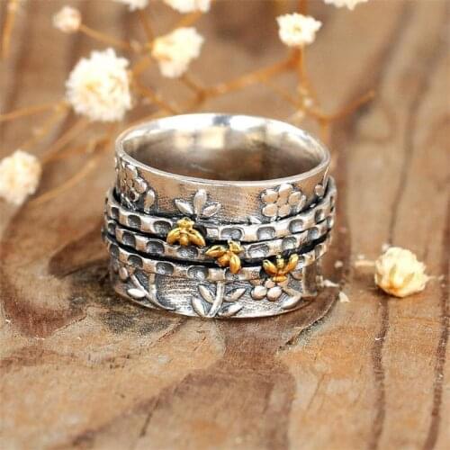 Bohemian Style Small Bee Flower Plant Ring Simple Wide Version Womens Ring Ethnic Style Wedding Jewelry