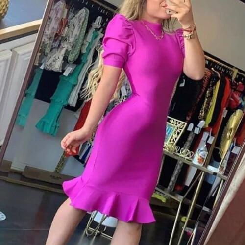 Free Shipping Black Purple Rayon Bandage Dress Elegant Women Short Sleeve Ruffle Bodycon Club Party Vestidos 2021 Summer New