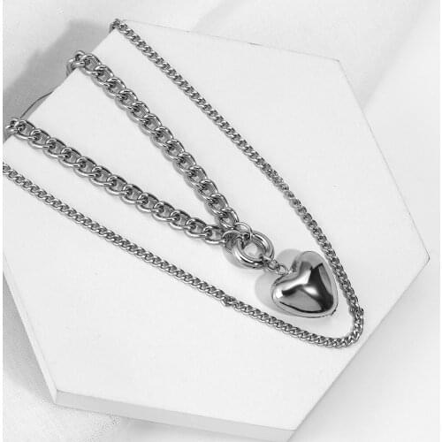 AENSOA Fashion Silver Color Double Layered Copper Chain Heart Pendant Necklaces for Women Vintage Necklace Female Boho Jewelry