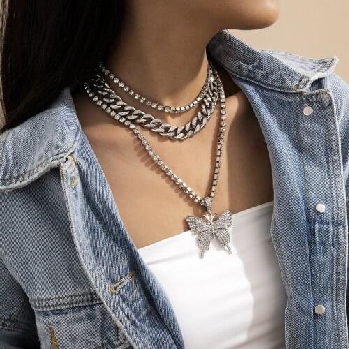 Retro jewelry with claw chain Cuba clasp clavicle suit neckchain rhinestone Butterfly combination Necklace for female party