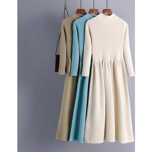 Autumn Winter Long Sleeve Knitted Dress Women 2021 Solid Color Half High Neckline Collar Large Swing Warm Pullover Dresses