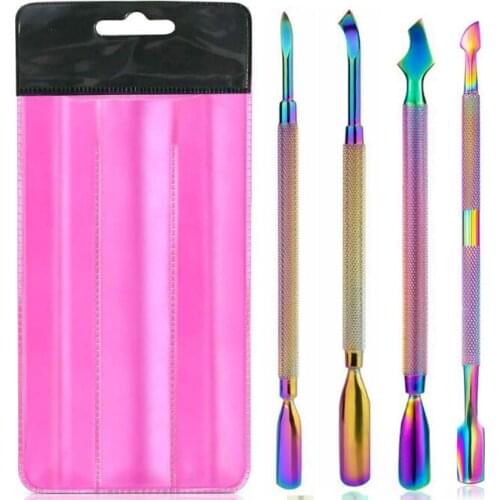 100Pcs/Lot Cuticle Pusher Color Titanium Steel Nail Edge Dead Skin Shovel Knife Fork Exfoliate Nail Tool Manicure Tool HA2204