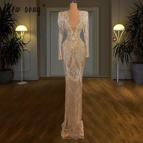 African Sparkly V Neck Long Sleeve Evening Dresses 2021 Scoop Sparkling Beaded Prom Dress Red Carpet Runway Gowns Robes