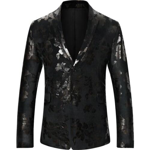 Black Floral Bronzing Nightclub Blazer Men 2021 Luxury Brand Slim Fit Mens Blazer Jacket Business Party Wedding Dress Blazers
