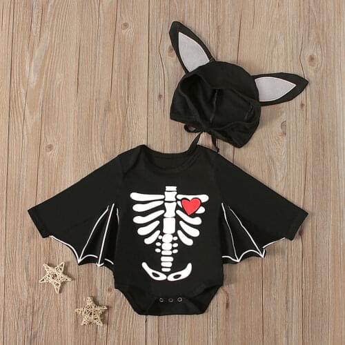 Newborn Baby Halloween Clothes Set Skull Print Long Bat Sleeve O-neck Romper+Hat with Cute Ears 2Pcs Costume Outfits Festival