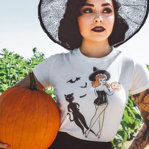 Pumpkin Festival Halloween T Shirts Women Witch Ghjost Spirit Devil Tshirt Cotton Sexy Girl Aesthetic Orange Pastel Goth Clothes