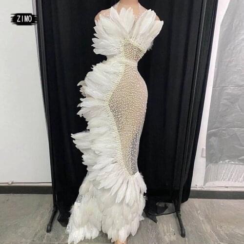 Sexy Off Shoulder pearl halter Dress for Women mesh Stage Wear Feather white club Party long Dresses birthday Celebrate wedding