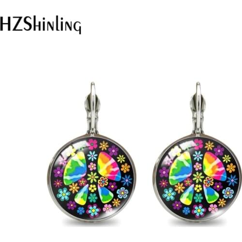 2021 New Hippie Peace Sign Van Bus Ear Clip Lovely Round Earring Handmade Glass Cabochon Jewelry Earrings
