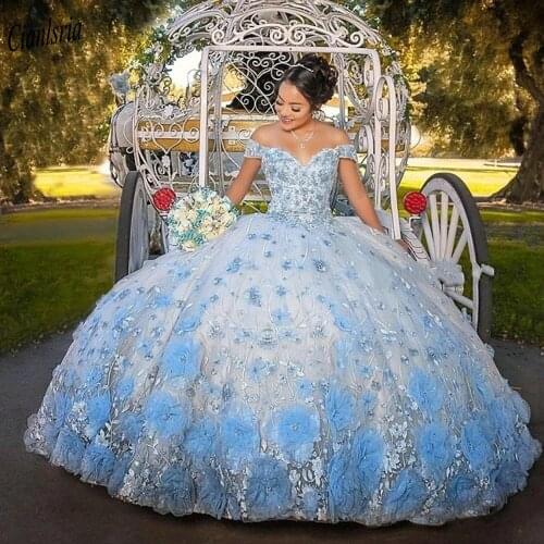 Light Blue Handmade Flowers Appliques Ball Gown Quinceanera Dress Off The Shoulder Sweet 16 Prom Party Gown Vestidos De 15 Anos