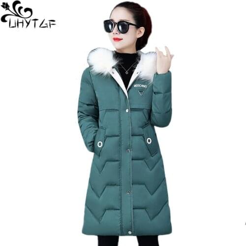 UHYTGF Women Down cotton Coat Long Thick Parka Female Down Jacket Plus size Fur collar Korean Large size Winter Coat Women X570