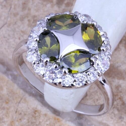 Magic Green Peridot White CZ Silver Plated Womens Jewelry Ring Size 6 / 7 / 8 / 9 R0408