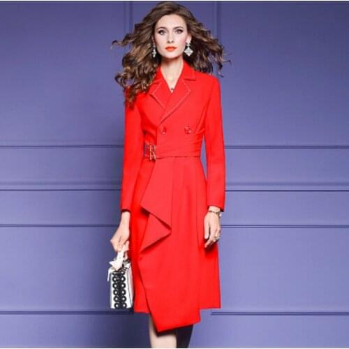 Lady Solid Office Hepburn suit dress womens spring autumn 2021 Notched new fashion Ruffle slim long sleeve A-line skirt XXXL