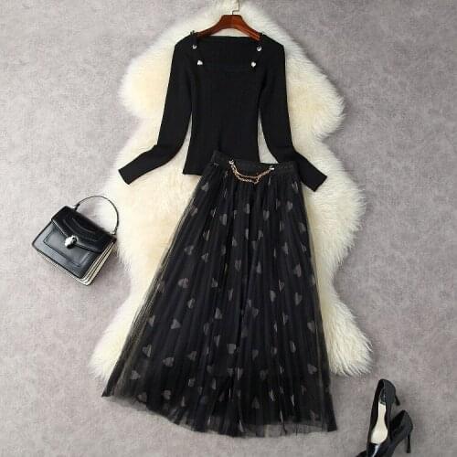 European and American womens wear new autumn 2022 Knitted sweater long sleeves and square neck Printed mesh skirt Fashion suit