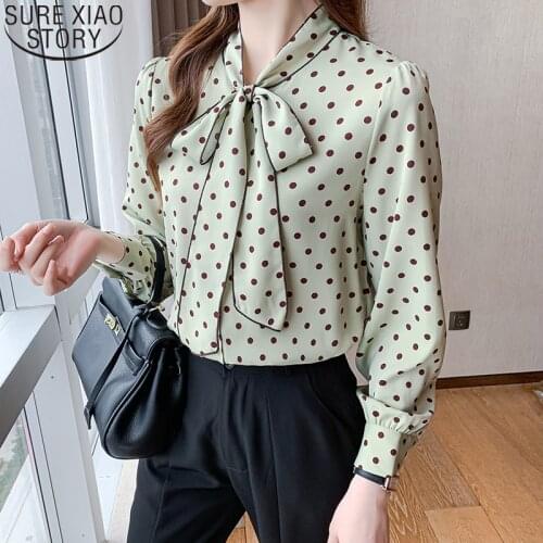 2021 New Autumn Polka Dot Chiffon Shirts Women Blouses Casual Bow Fashion Long Sleeve Loose Tops Clothes Blusas Mujer 16649