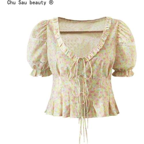 French Sweet Vintage Floral Blouse Women 2021 Prairie Chic Summer New Puff Sleeve Ruffle Pleated V-Neck Lace-Up Top Shirt