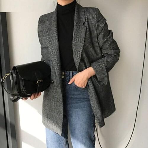 HAPEDY New 2020 Autumn Winter Womens Blazers Plaid Double Breasted Pockets Formal Jackets Notched Outerwear Office Ladies Tops