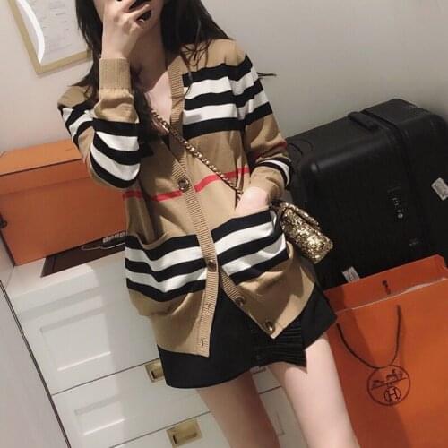 Womens sweater womens jacket cashmere cardigan mid-length knitted jacket V-neck loose striped sweater thin ladies trench coat