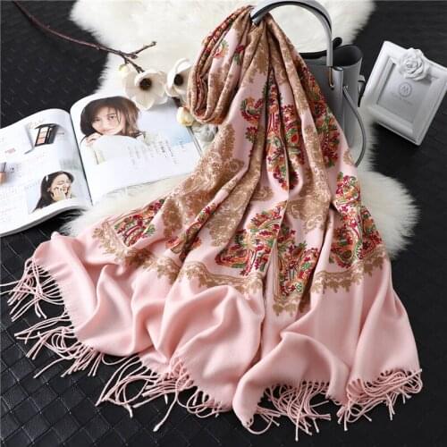 2021 Brand Embroidery Print Winter Warm Scarf Hijab Women Cashmere Soft Scarves Tassel Thick Blanket Female Shawl Wrap Echarpe