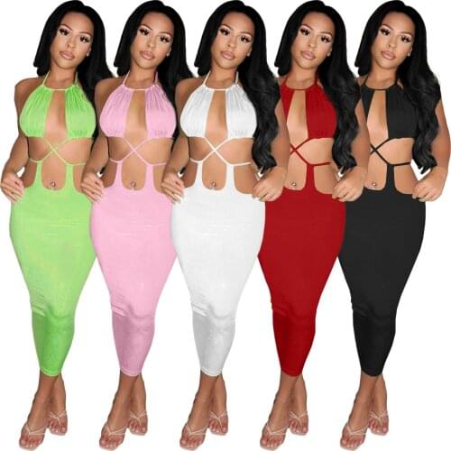 2021 Women Sexy Backless Halter Sleeveless Suspender Hollow Out Bandage Dress Nightclub Party Bodycon Outfits Women Clothing