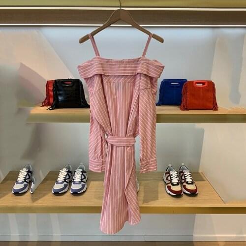 Patads single fashion dress sweet suspender off shoulder stripe lace up long sleeve womens autumn and winter ro00612