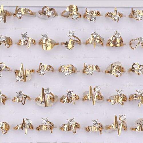 20Pcs/lot Fashion Stainless Steel Zircon ECG Love Gold Color Rings For Women Mix Style Wedding Engagement Jewelry Party Gifts