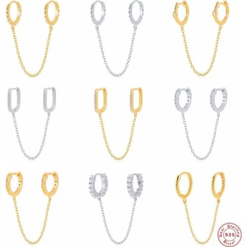 Aide 925 Sterling Silver Double Hole Chain Tassel Hoop Earrings For Women White Zircon Pearl Beads Circle Earring Hoops Jewelry