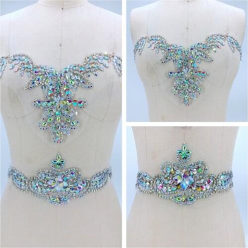 Handmade sew on clear AB colour rhinestones applique on mesh crystals trim patches 34*18cm&30*9cm for dress DIY accessories