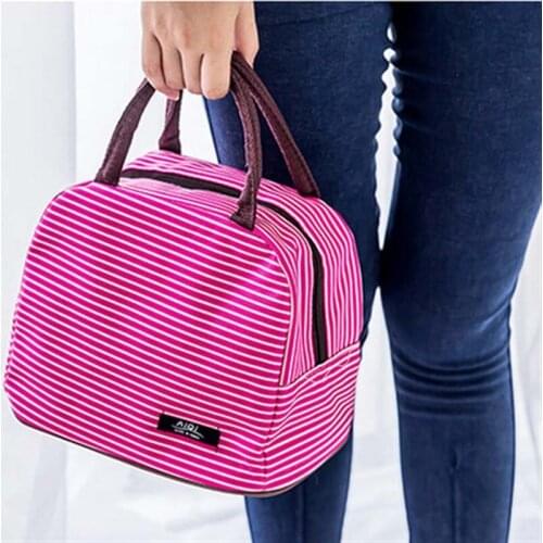 Brand Striped Food Fresh Keep Lunch Box Bag Polyester Waterproof Picnic Travel Storage Thermal Insulated Fashion Lunch Box Bags