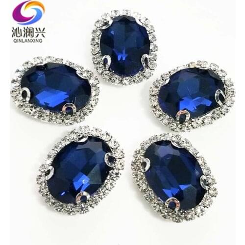 Ink blue oval shape top quality sew on Glass Crystal buckle,silver bottom rhinestones,Diy/Clothing/wedding decoration SWTK23