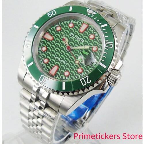 Green Dial 40mm BLIGER Sapphire Glass Ceramic Bezel Date Mental Jubilee Strap Automatic Movement Wristwatch Date Indicator 355