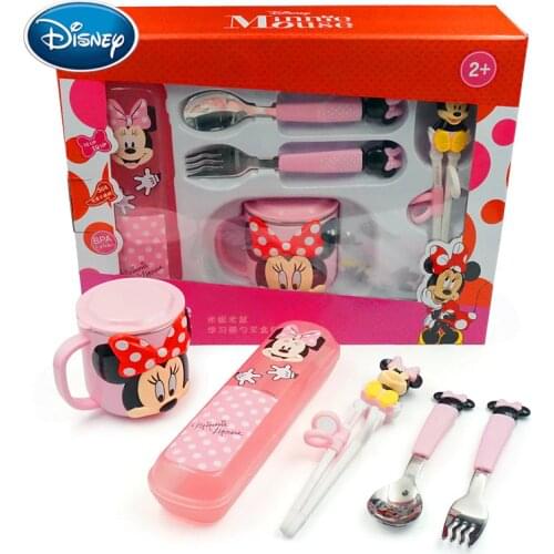 Disney Stainless Steel Kid Cutlery Practice Spoon Cup Training Chopsticks 304 Stainless Steel Lunch Box Student Cutlery 5pcs/set