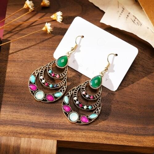 Ethnic Womens Colorful Beads Charms Earrings Bohemian Vintage Fashion Jewelry Trendy Gold Alloy Water Drop Wedding Earrings