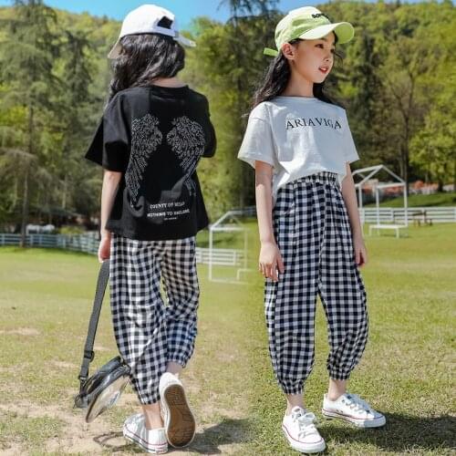Girls Summer Children Clothes Outfits T-shirt + Plaid Pants Casual Tracksuit For Kids Clothing Two-Piece Set 7 8 10 12 13 Years