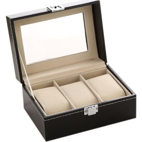 Watch Box Small 3 Slot Mens Black Leather Display Glass Top Jewelry Case Organizer Watch Storage Case Jewelry Box