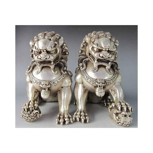 Chinese Home Fengshui Silver Guardian Lion Foo Fu Dog Male Female Lion pair statues Decoration 100% real Tibetan Silver Brass