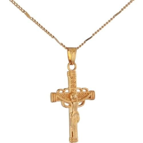 Gold Color Cross Jesus Christ Crucifix Cross Pendant Necklace Women Charm Jewelry